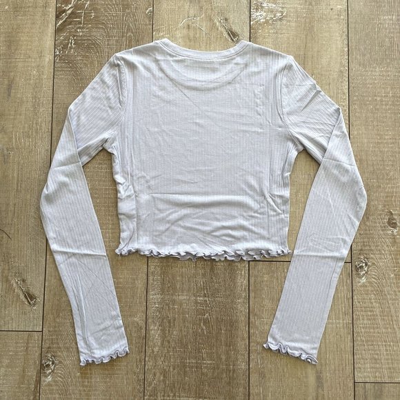 DOUBLE ZERO WOMENS LILAC FOG LETTUCE EDGE & CUFFS/LONG SLEEVES CROP TOP - NWT - - Picture 4 of 10